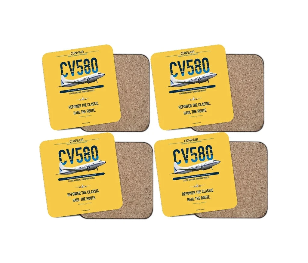 Convair 580 design on yellow 4 pieces set coaster