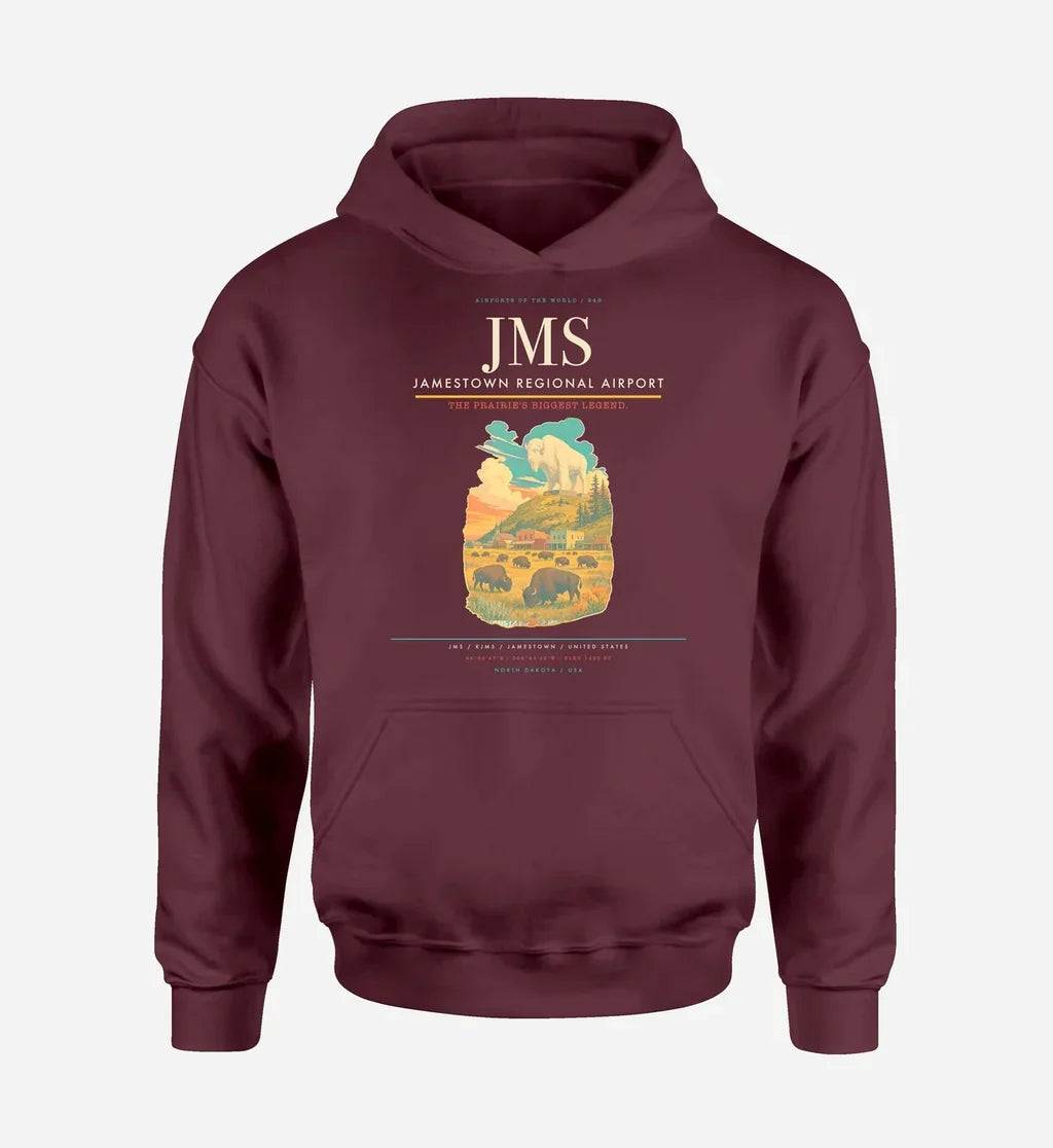 Jamestown Regional Airport (JMS) design on dark red hoodie single-side print