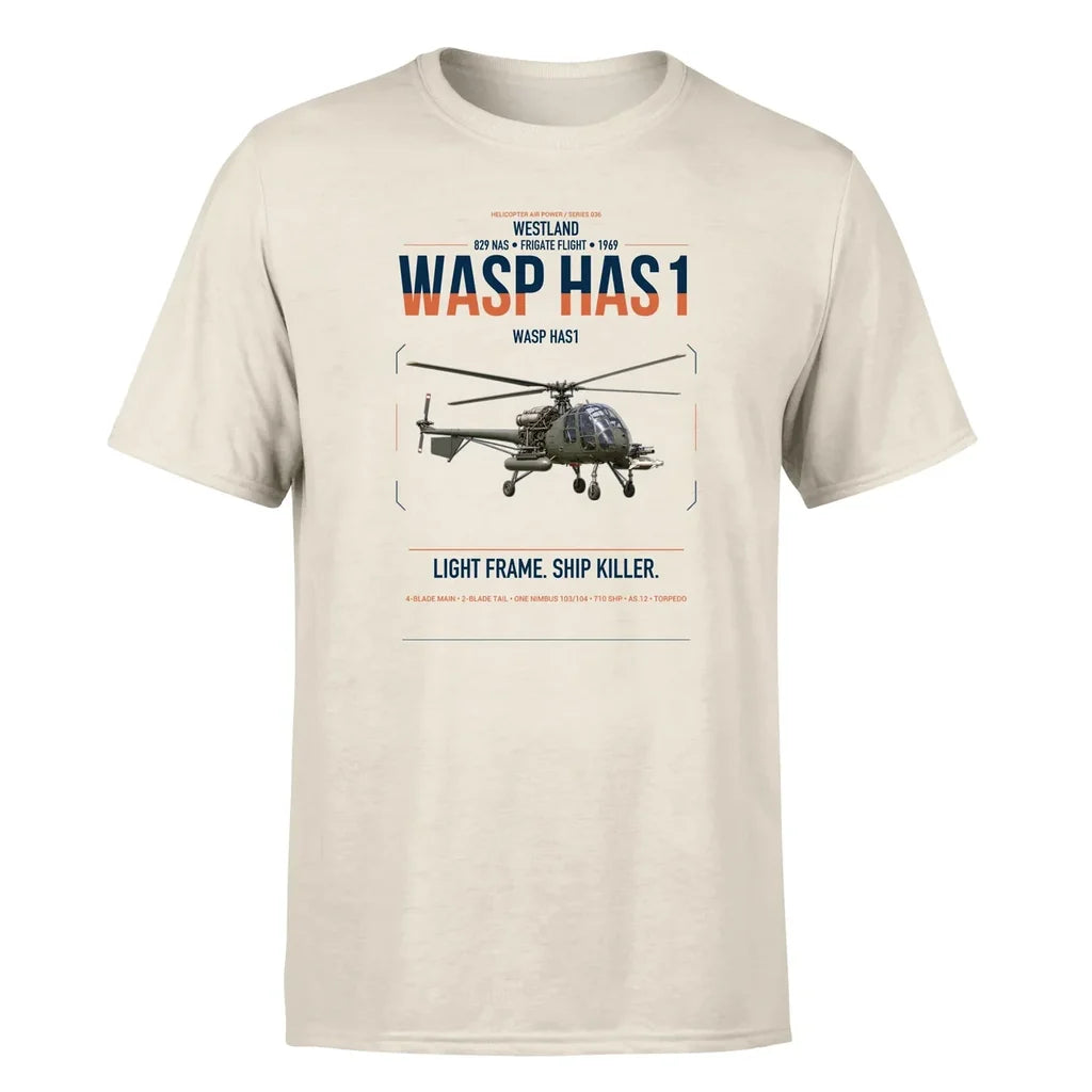 Westland Wasp HAS1 design on beige t-shirt, single-side print