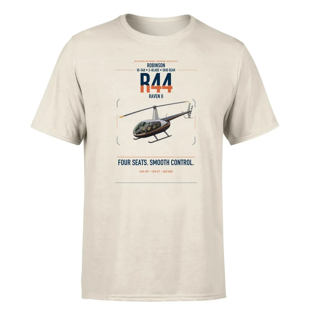 Robinson R44 Raven II design on beige t-shirt, single-side print
