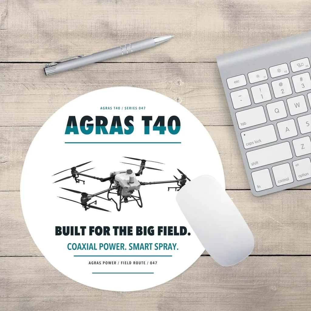 DJI Agras T40 design on white round mouse pad