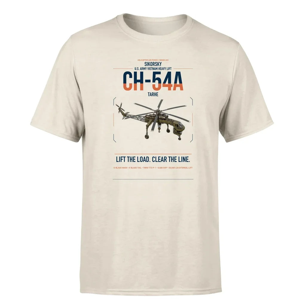 Sikorsky CH-54A Tarhe design on beige t-shirt, single-side print