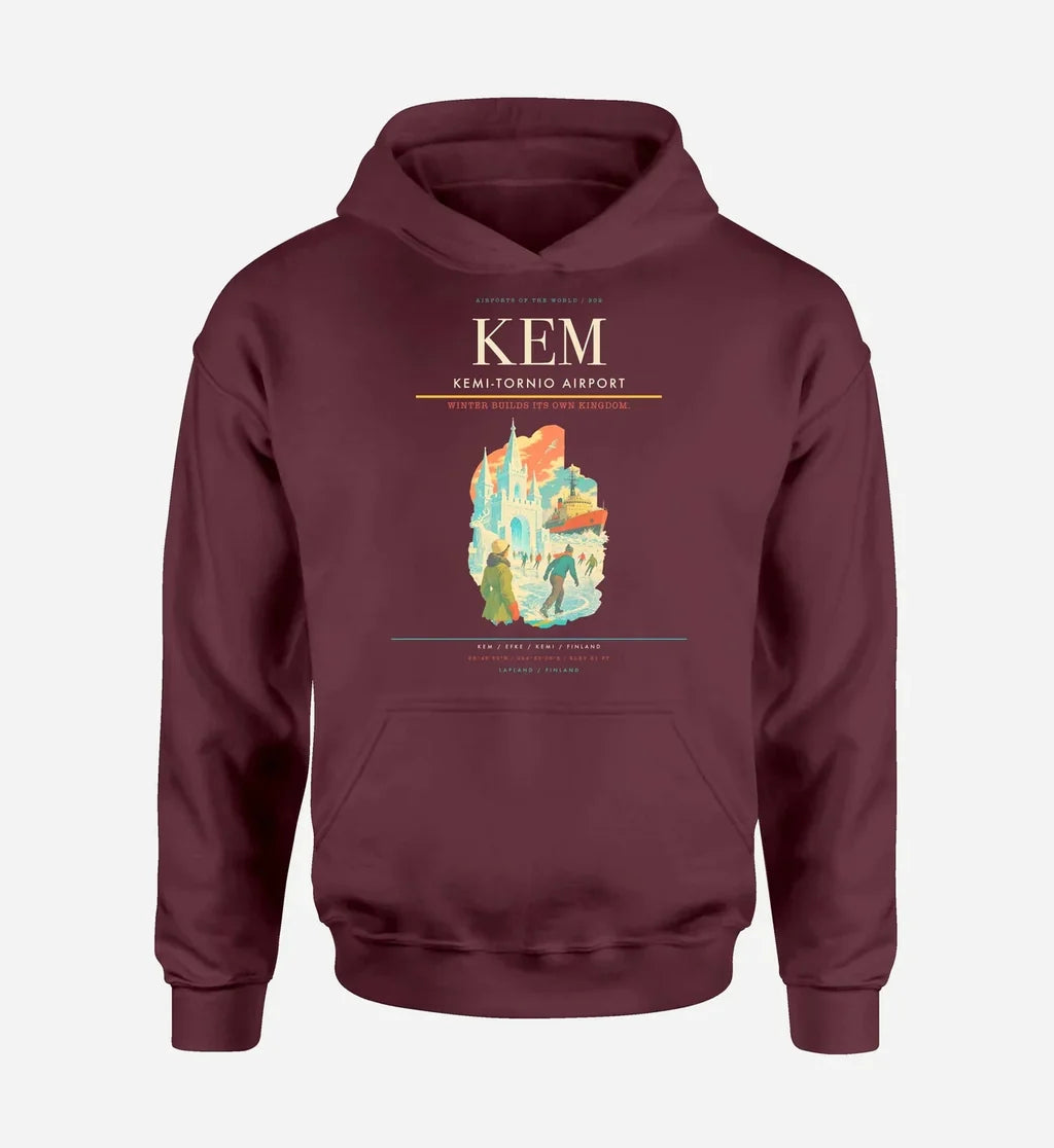 Kemi-Tornio Airport (KEM) design on dark red hoodie single-side print