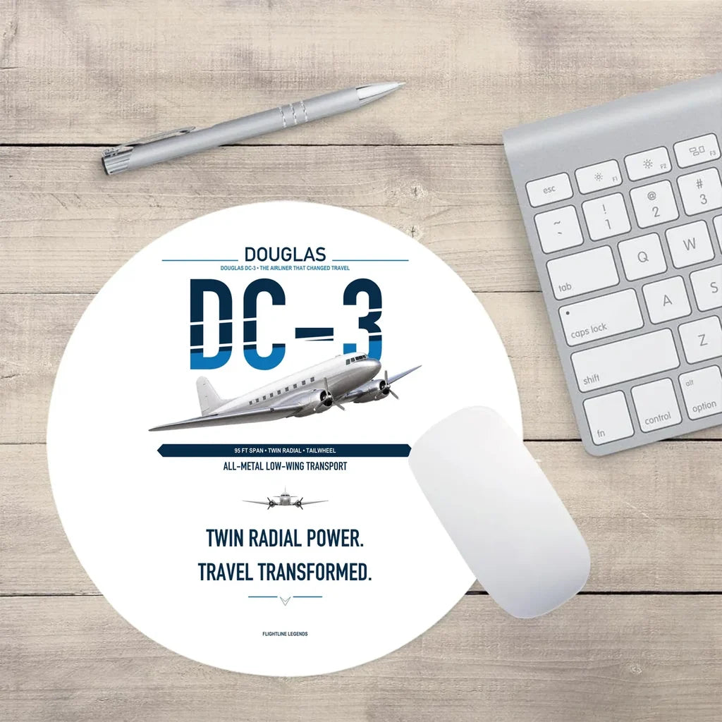 Douglas DC-3 design on white round mouse pad