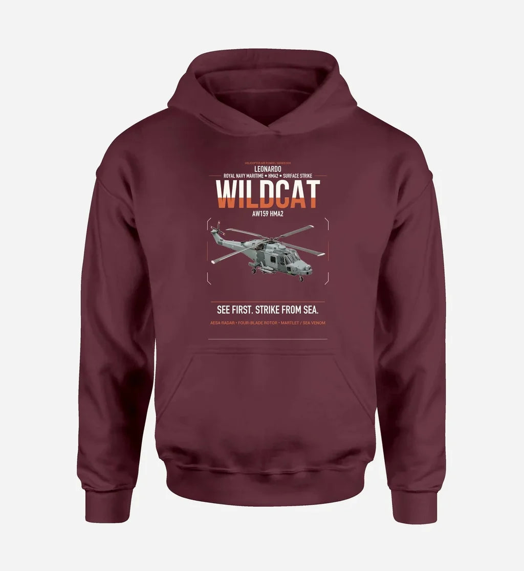 Leonardo AW159 Wildcat HMA2 design on dark red double-side hoodie, single-side print