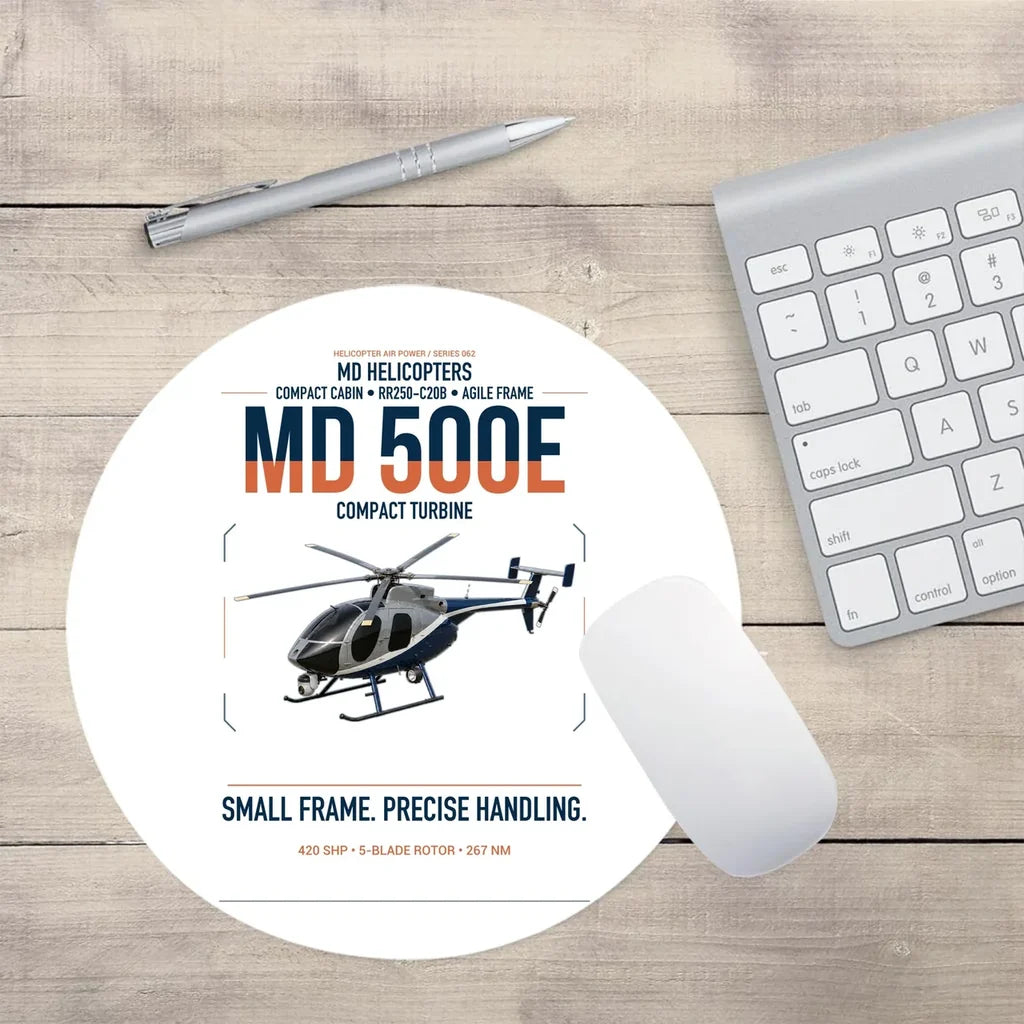 MD Helicopters MD 500E design on white round mouse pad
