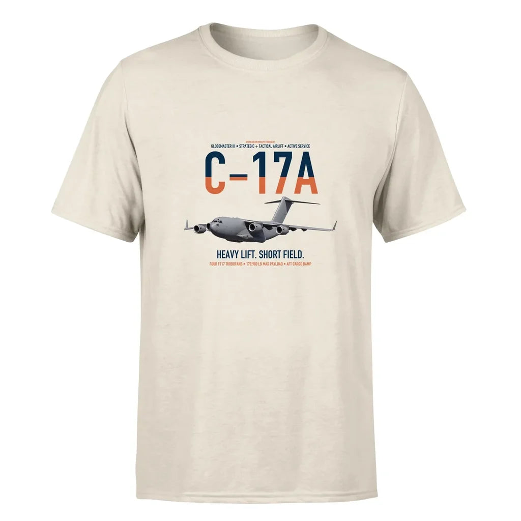 C-17A Globemaster III design on beige double-side t-shirt, single-side print