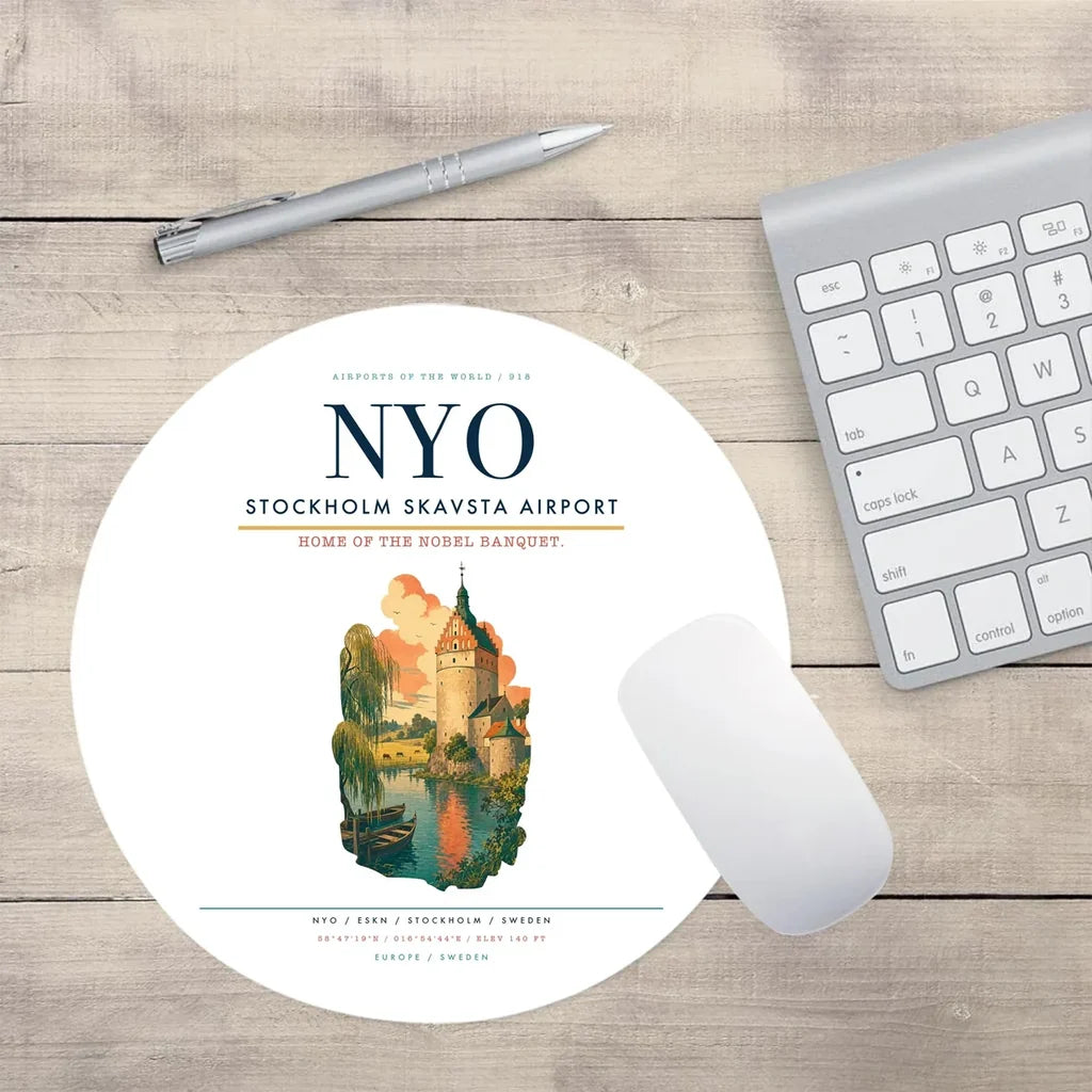 Stockholm Skavsta Airport (NYO) design on white round mouse pad