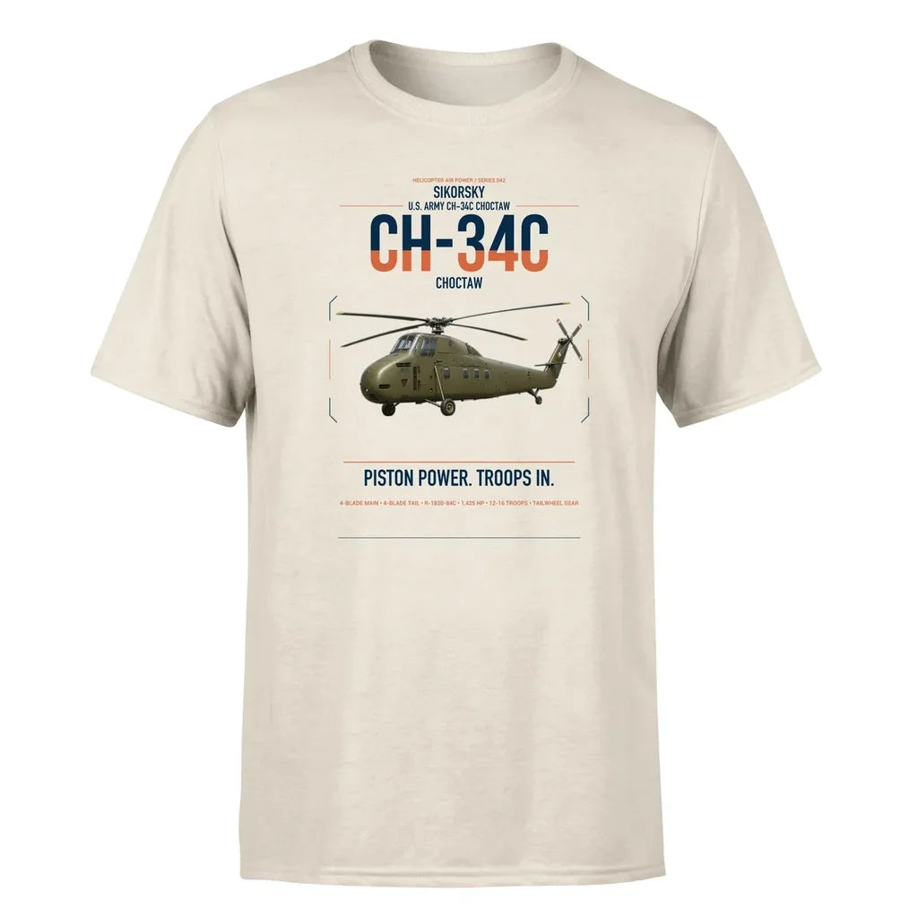 Sikorsky CH-34C Choctaw design on beige t-shirt, single-side print