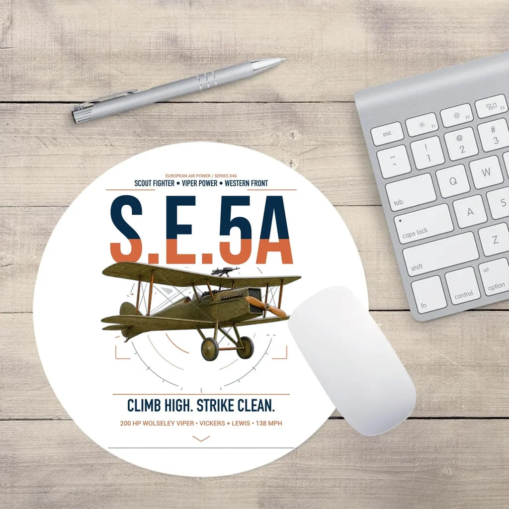 Royal Aircraft Factory S.E.5a design on white round mouse pad