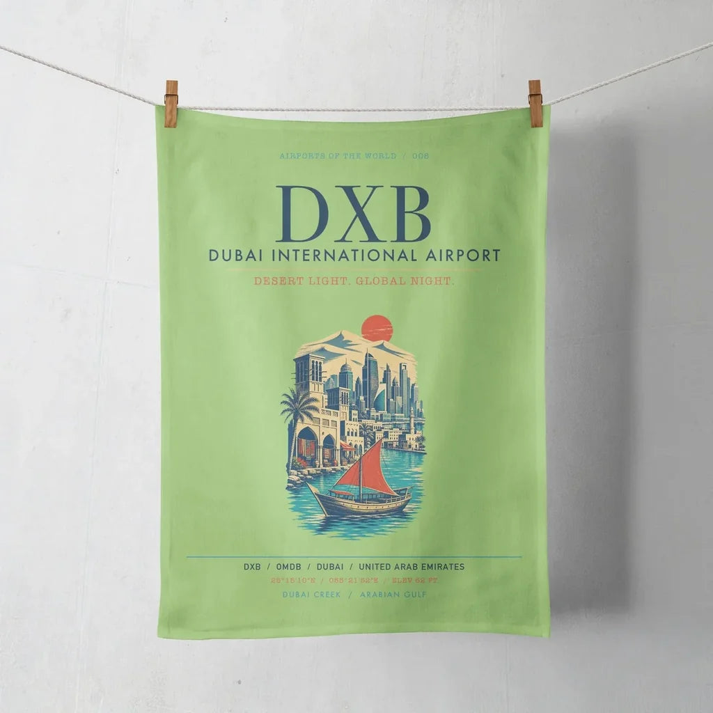 Dubai International Airport (DXB) design on light green towel