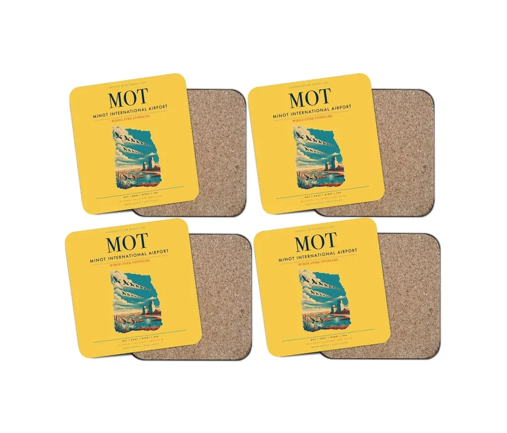 Minot International Airport (MOT) design on yellow 4 pieces set coaster