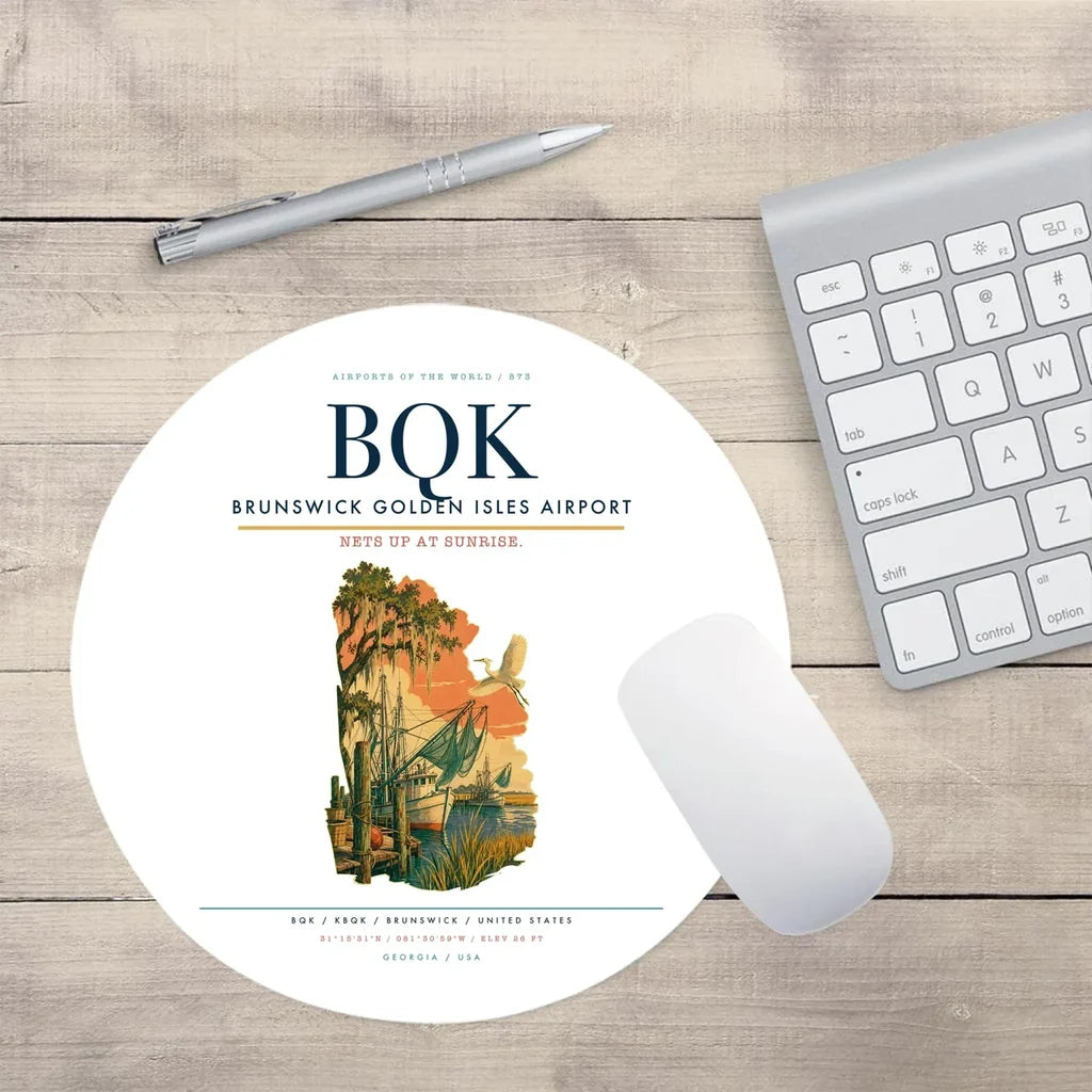 Brunswick Golden Isles Airport (BQK) design on white round mouse pad