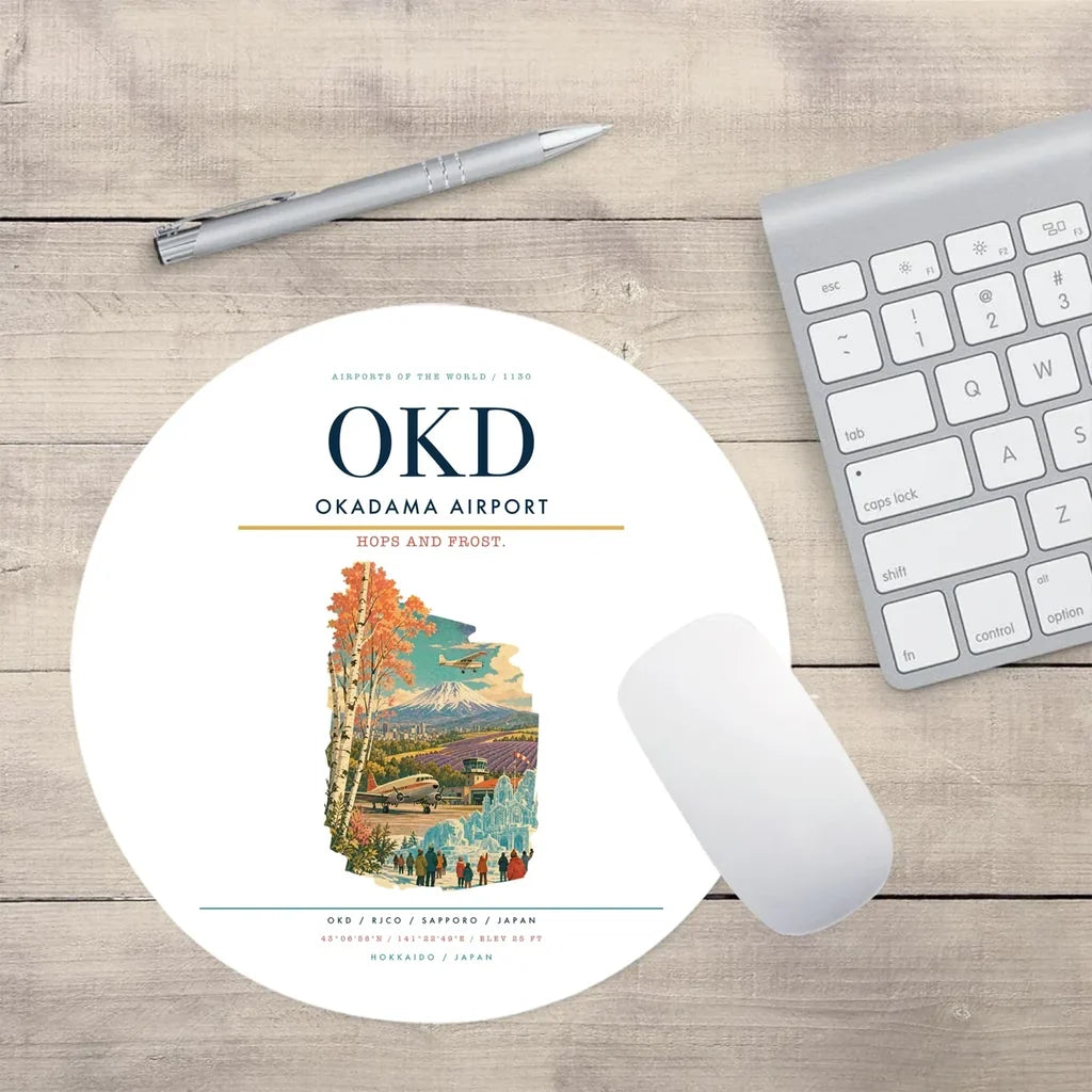 Okadama Airport (OKD) design on white round mouse pad