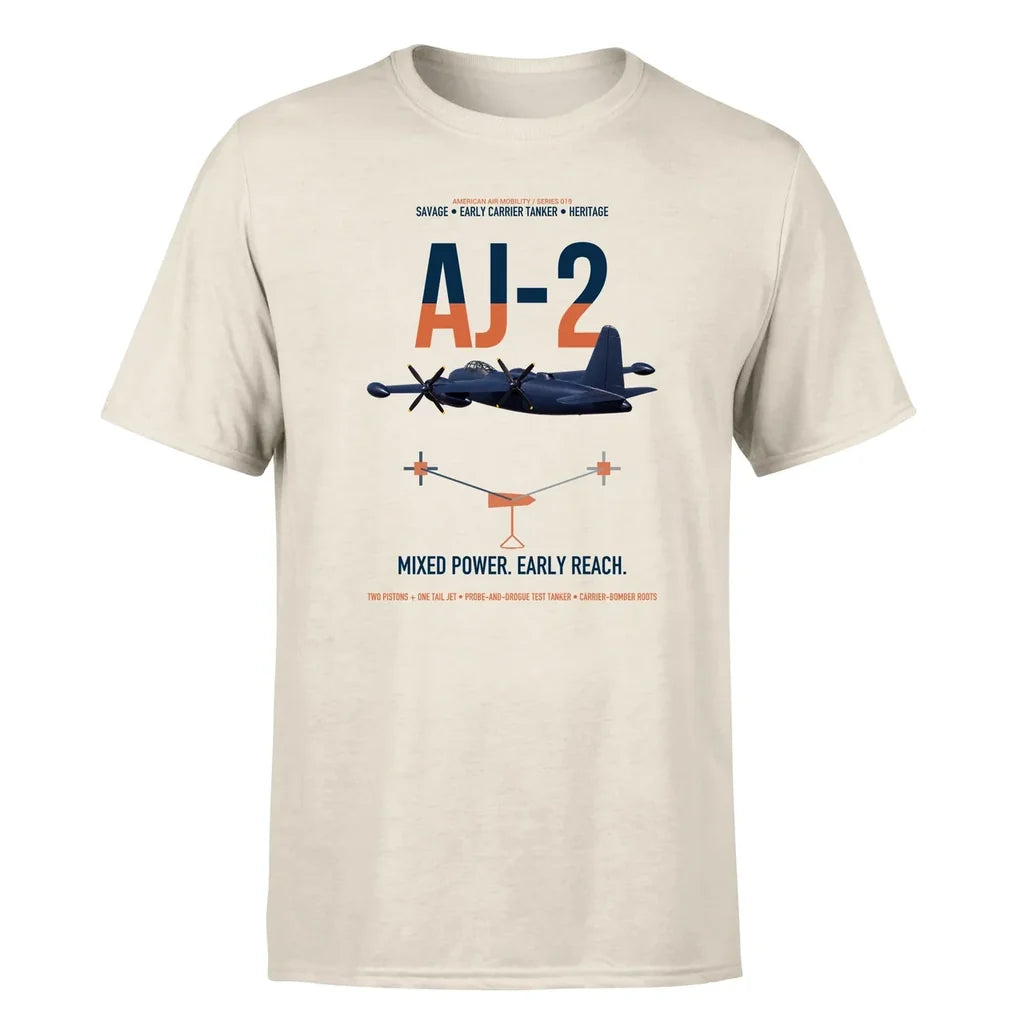 AJ-2 Savage Tanker design on beige double-side t-shirt, single-side print