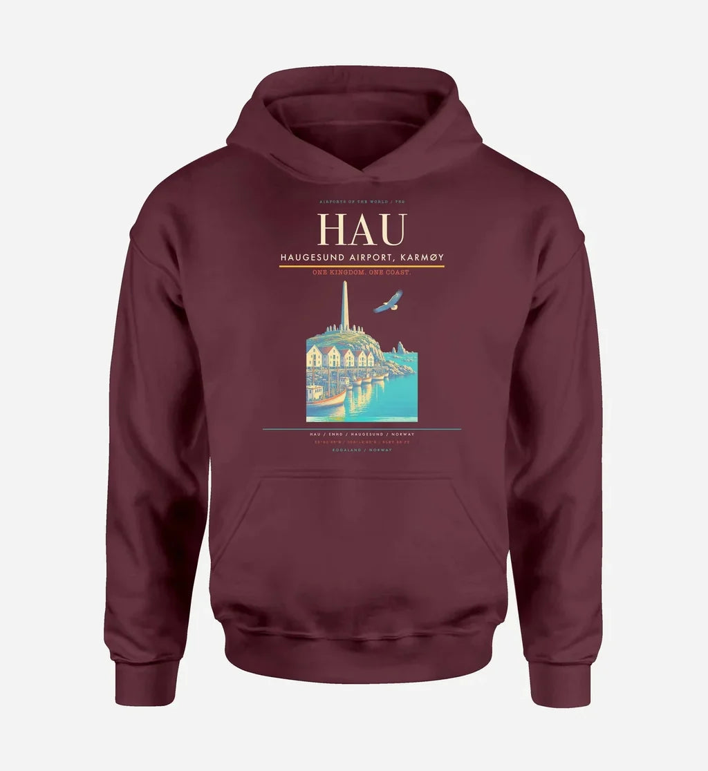Haugesund Airport, Karmøy (HAU) design on dark red hoodie single-side print