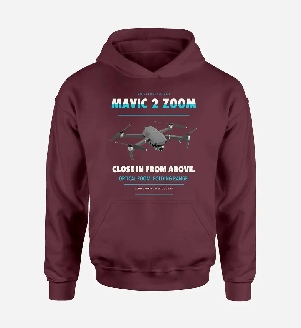 DJI Mavic 2 Zoom design on dark red hoodie single side
