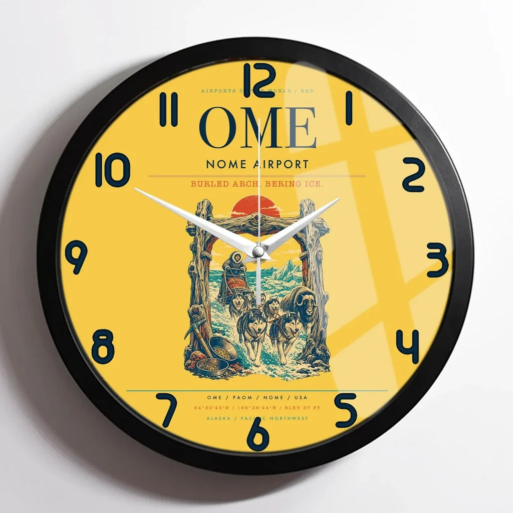 Nome Airport (OME) design on yellow framed wall clock