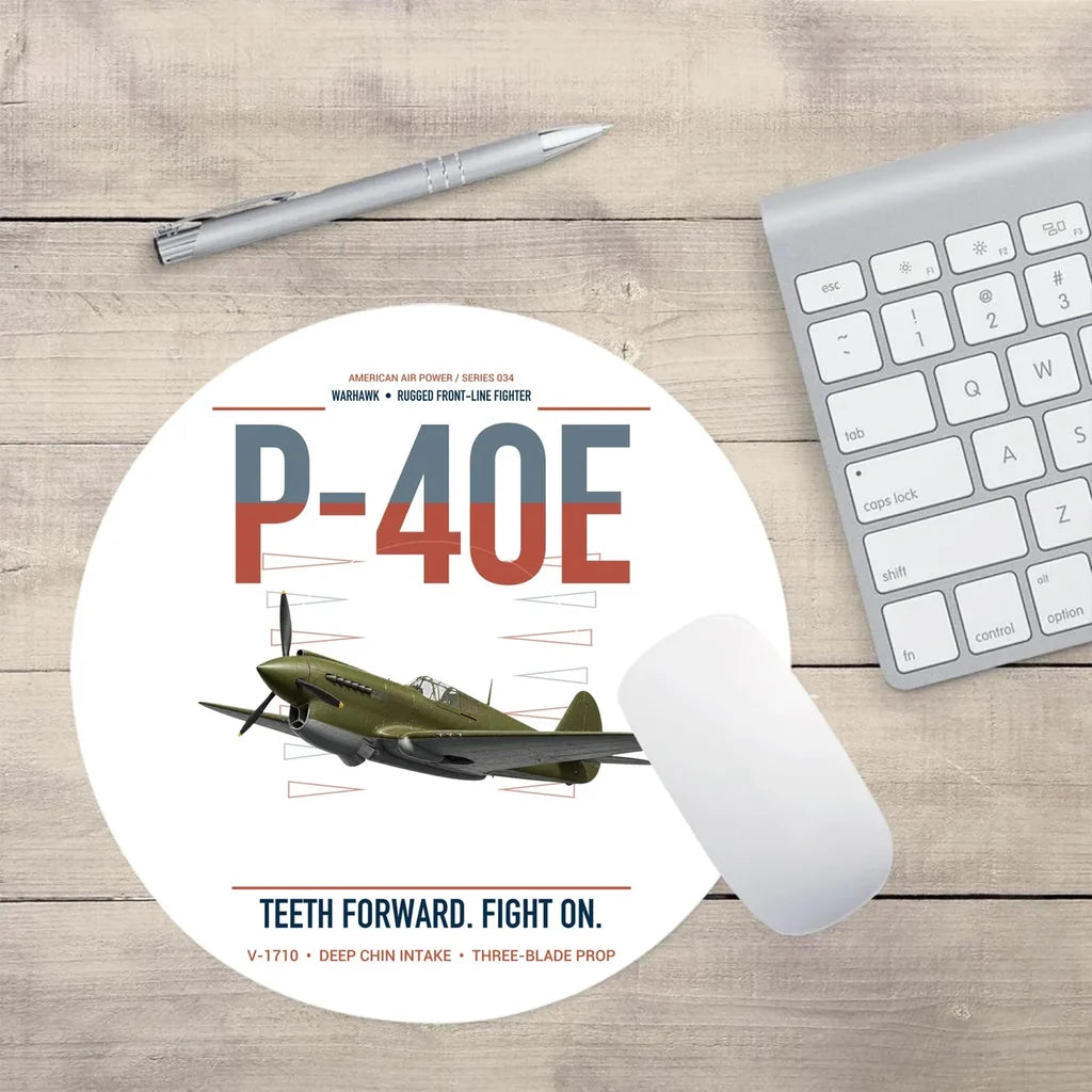 P-40E Warhawk design on white round mouse pad