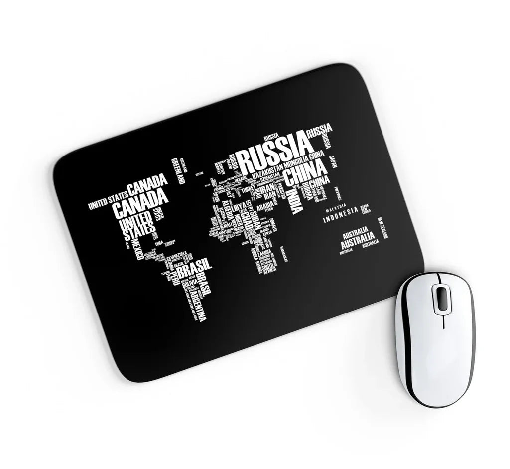 World Map (Text) aviation design on neoprene with anti-slip base mouse pad.