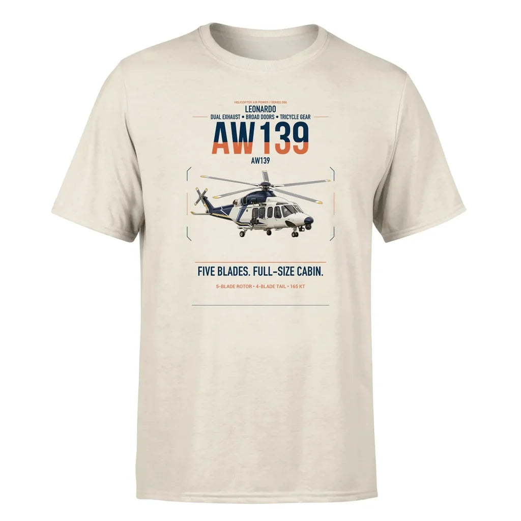 Leonardo AW139 design on beige t-shirt, single-side print