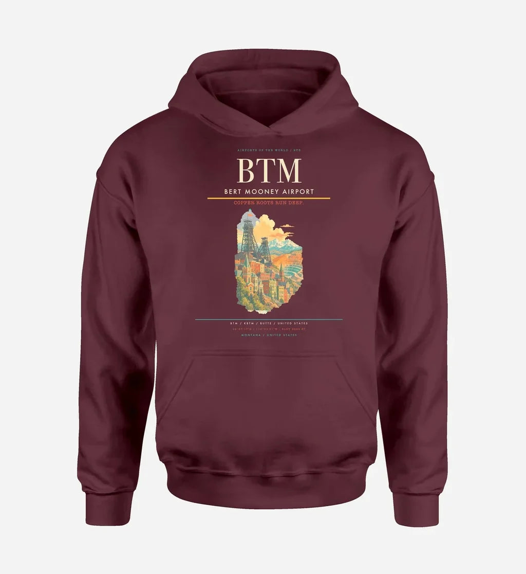 Bert Mooney Airport (BTM) design on dark red hoodie single-side print