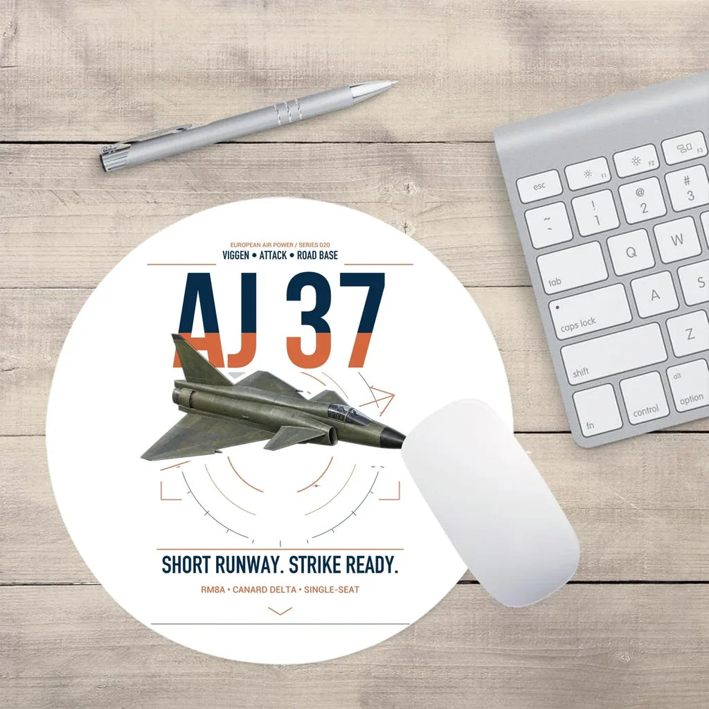 Saab AJ 37 Viggen design on white round mouse pad