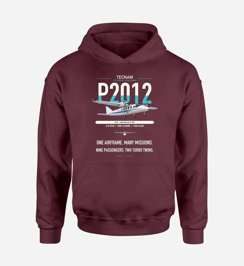 Tecnam P2012 Traveller design on dark red double-side hoodie, single-side print