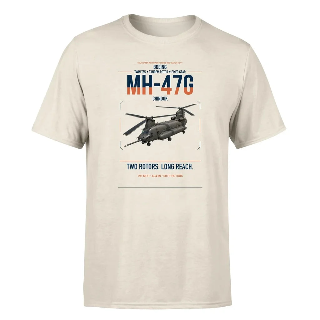 Boeing MH-47G Chinook design on beige t-shirt, single-side print