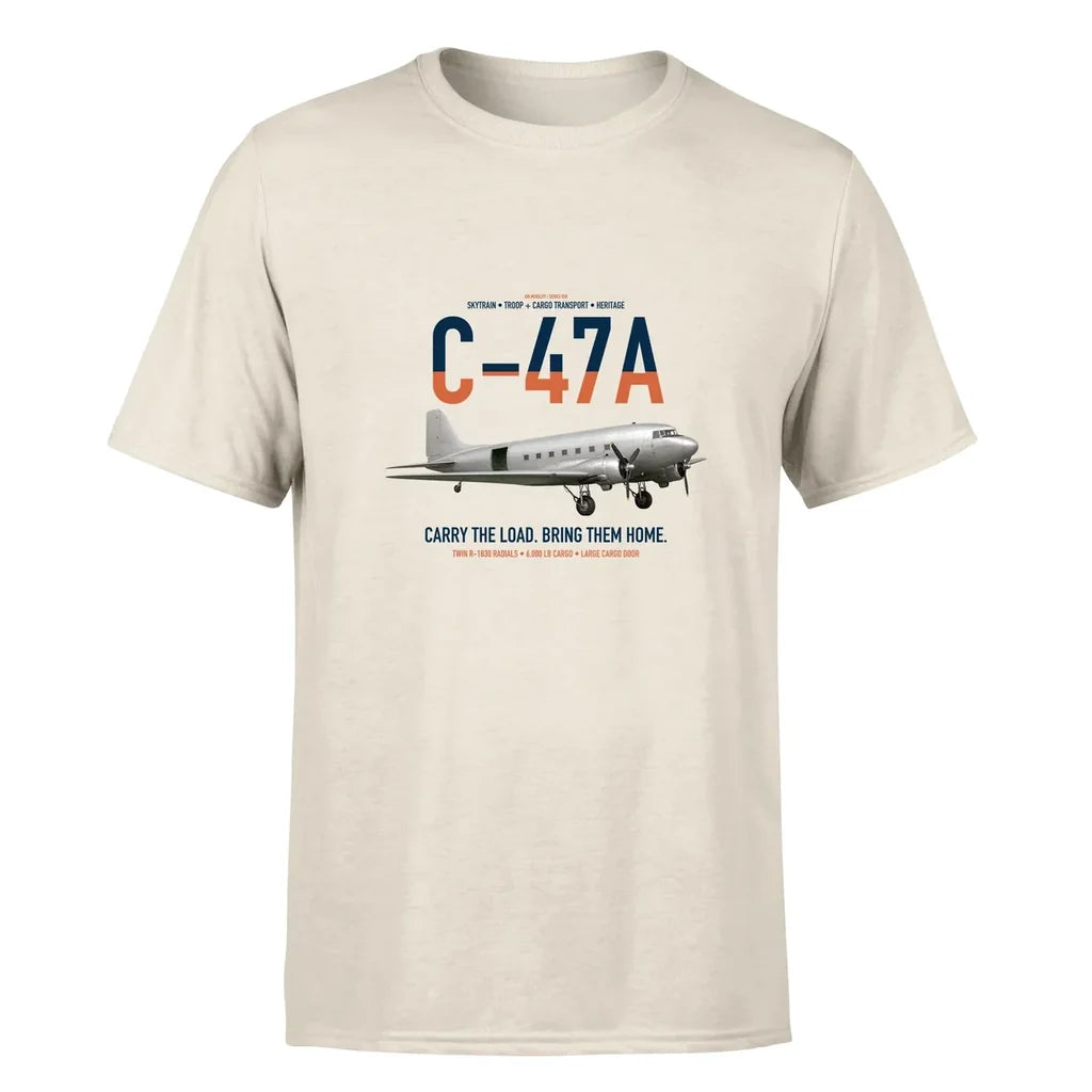 C-47A Skytrain design on beige double-side t-shirt, single-side print