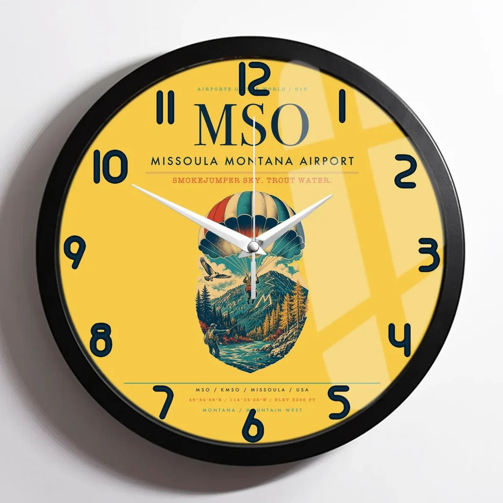 Missoula Montana Airport (MSO) design on yellow framed wall clock
