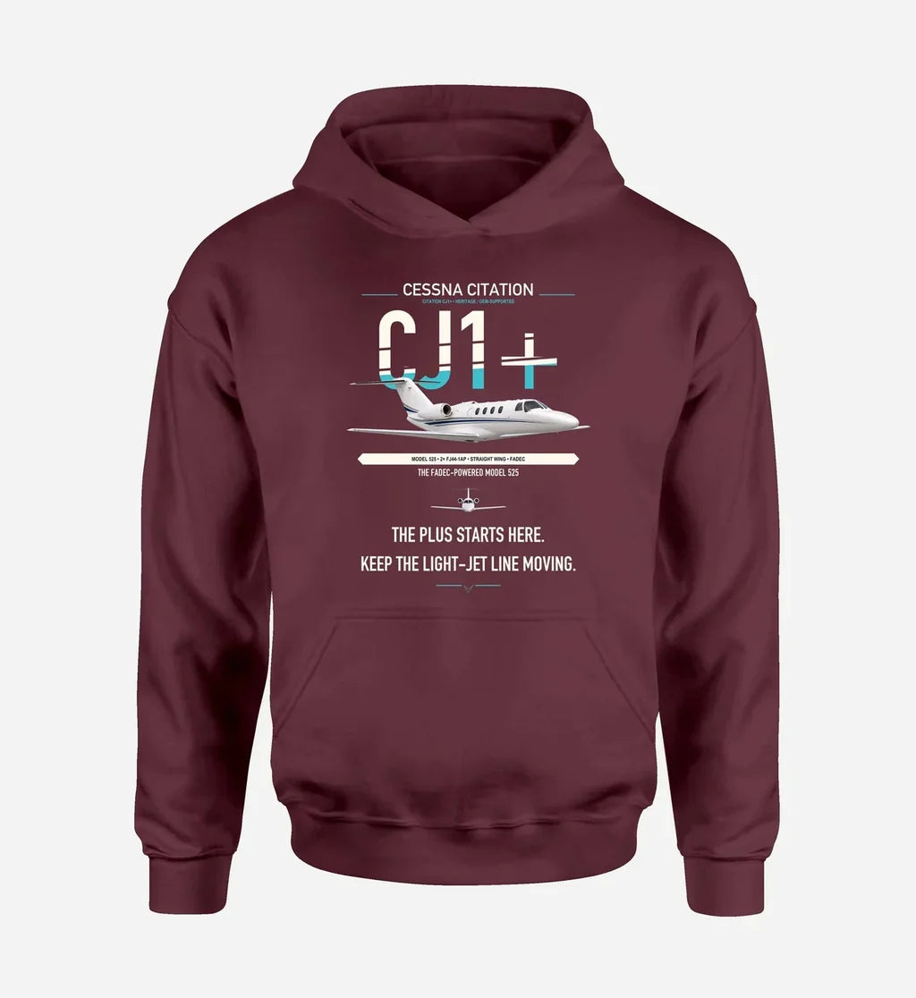 Cessna Citation CJ1+ design on dark red double-side hoodie, single-side print