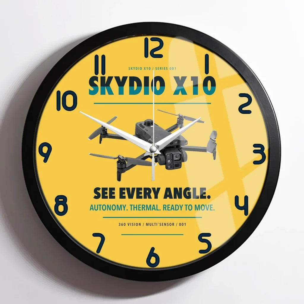 Skydio X10 design on yellow framed wall clock