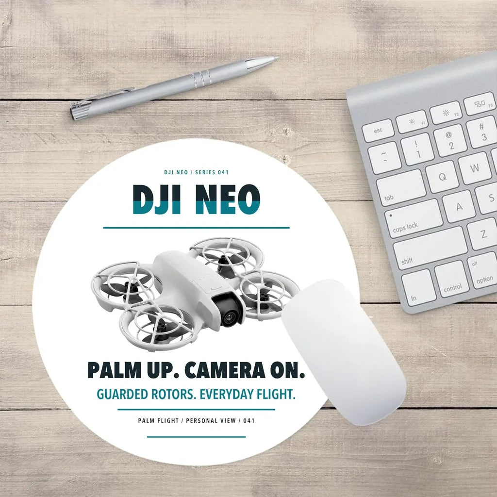 DJI Neo design on white round mouse pad