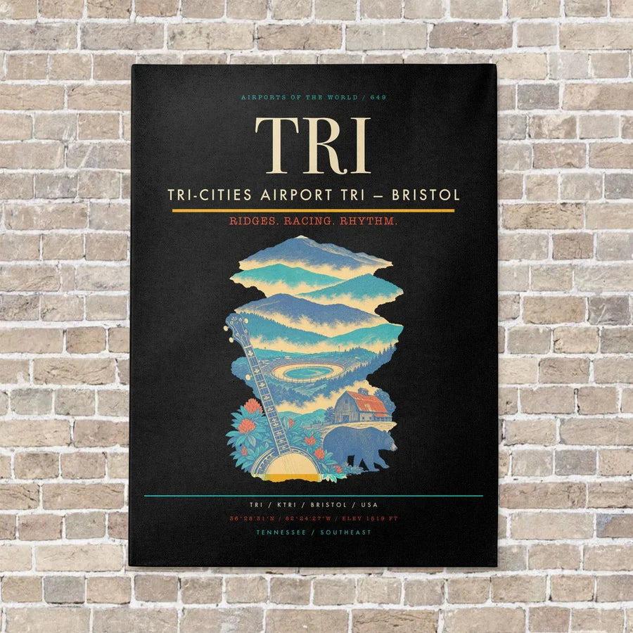 Tri-Cities Airport TRI — Bristol vertical canvas print - no frame - black background
