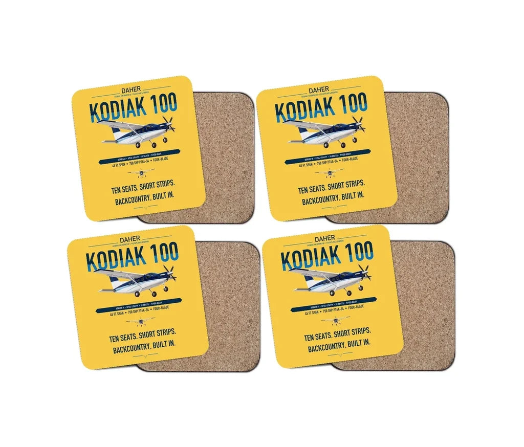Daher Kodiak 100 Series III design on yellow 4 pieces set coaster