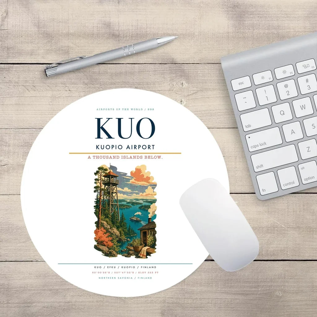 Kuopio Airport (KUO) design on white round mouse pad