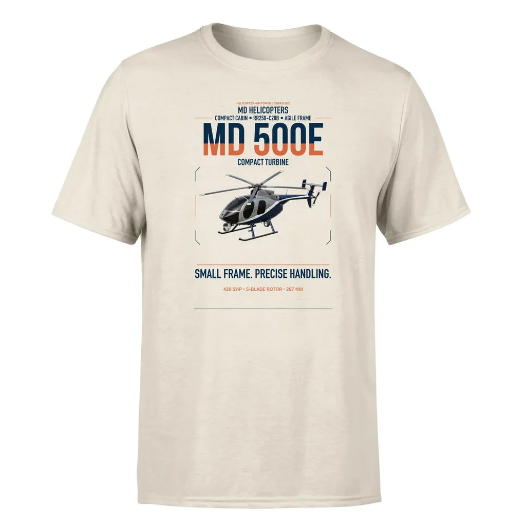 MD Helicopters MD 500E design on beige t-shirt, single-side print