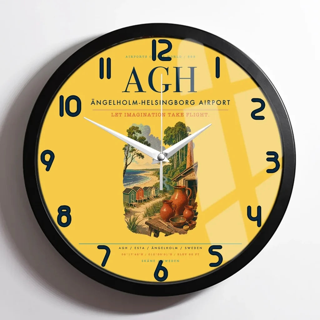 Ängelholm-Helsingborg Airport (AGH) design on yellow framed wall clock