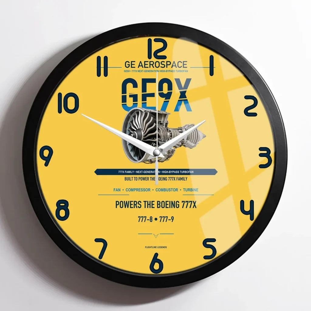 GE9X design on yellow framed wall clock