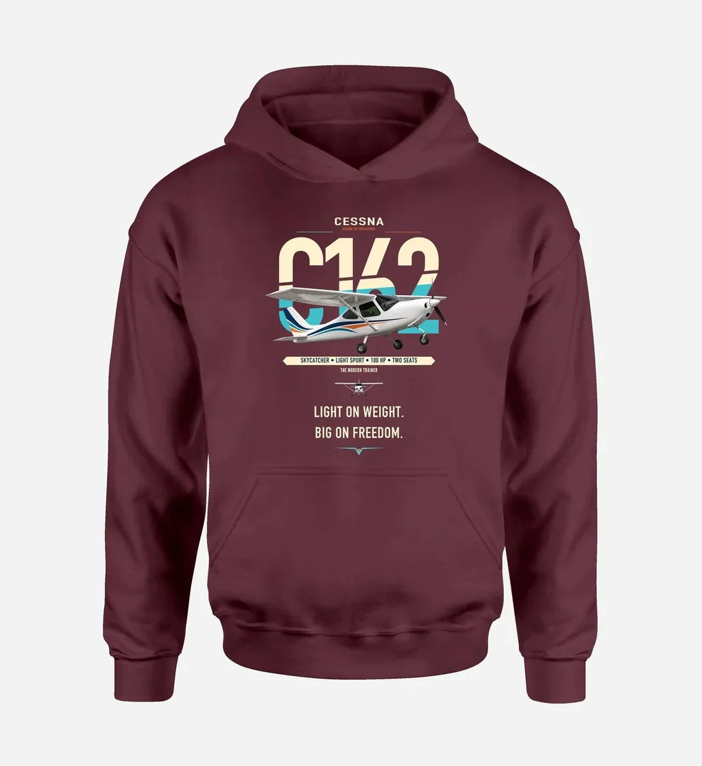Cessna 162 Skycatcher design on dark red double-side hoodie, single-side print