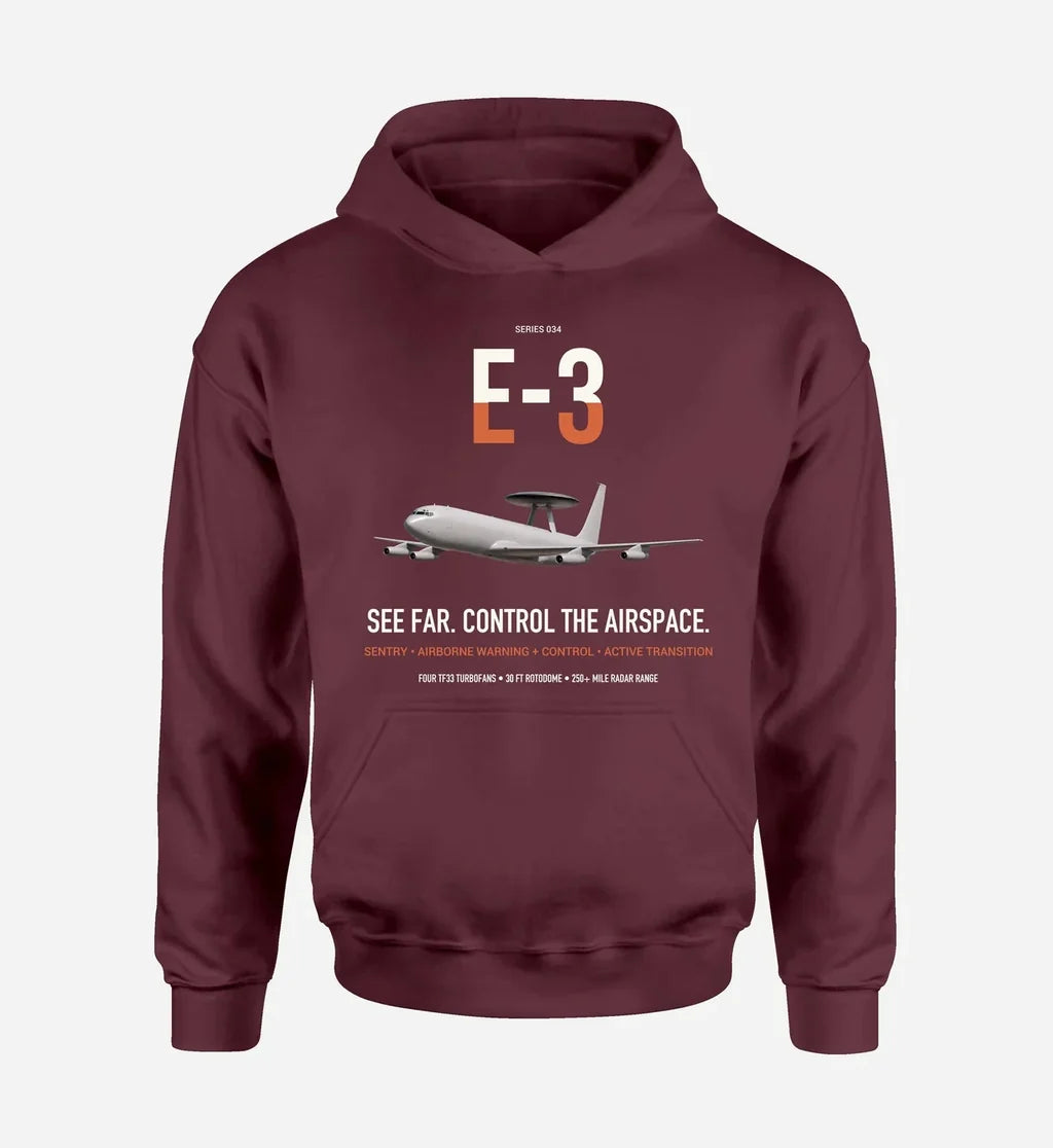 E-3 Sentry AWACS design on dark red double-side hoodie, single-side print