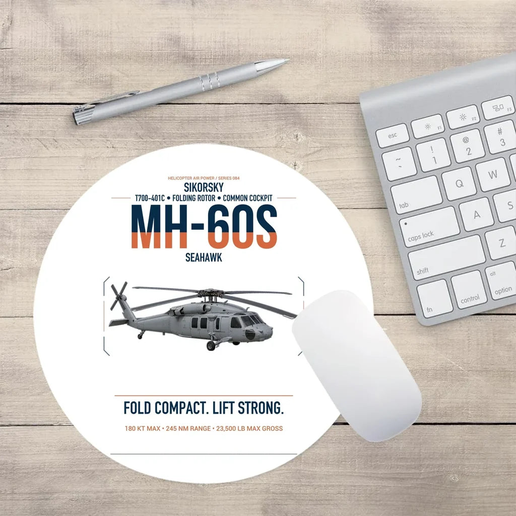 Sikorsky MH-60S Seahawk design on white round mouse pad