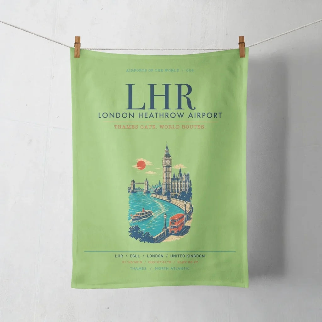 London Heathrow Airport (LHR) design on light green towel