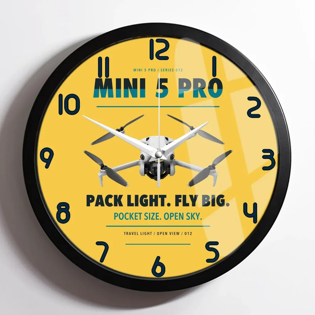 DJI Mini 5 Pro design on yellow framed wall clock
