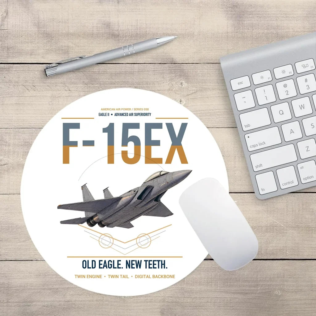 F-15EX Eagle II design on white round mouse pad