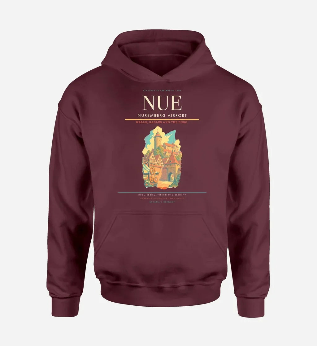 Nuremberg Airport (NUE) design on dark red hoodie single-side print