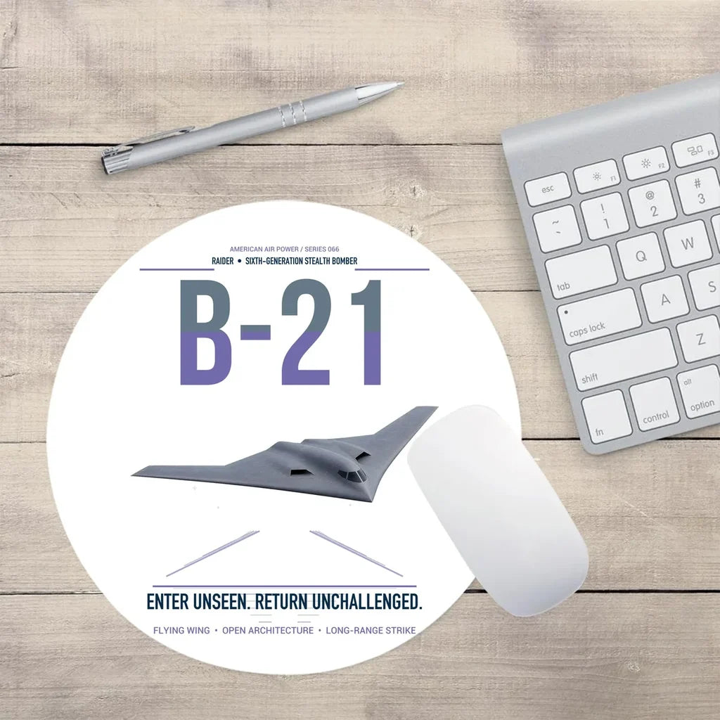B-21 Raider design on white round mouse pad