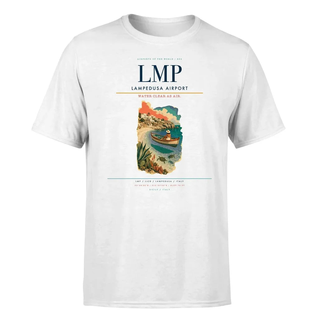 Lampedusa Airport (LMP) T-Shirt single-side front print in White | lampedusa-airport-lmp-double-side-t-shirt
