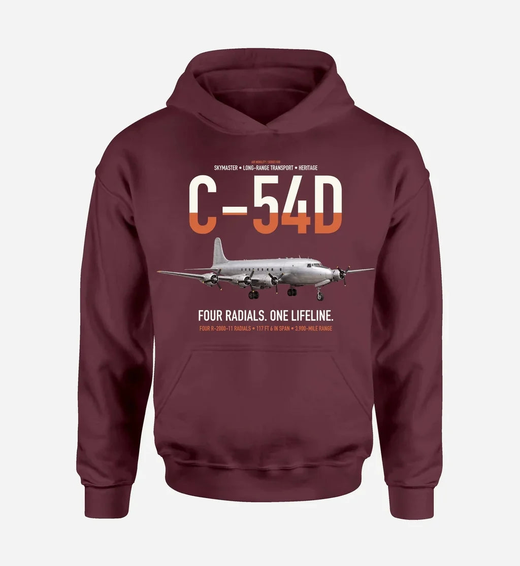 C-54D Skymaster design on dark red double-side hoodie, single-side print